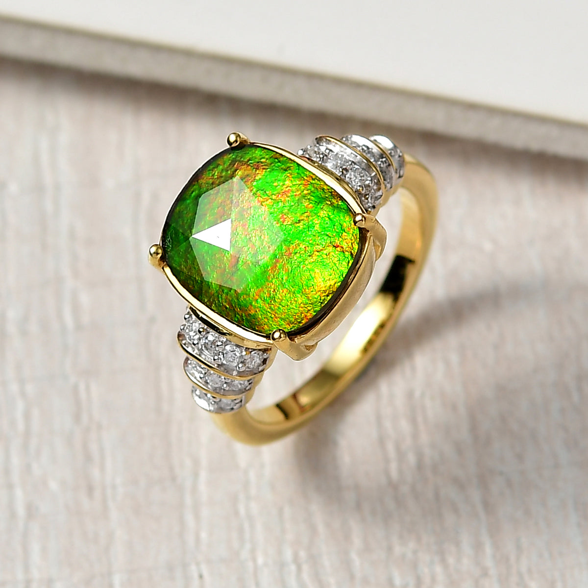 One Time Deal - AA Canadian Ammolite &amp; Moissanite Ring in 18K Vermeil Yellow Gold Sterling Silver 4.57 Ct. V32557667 2