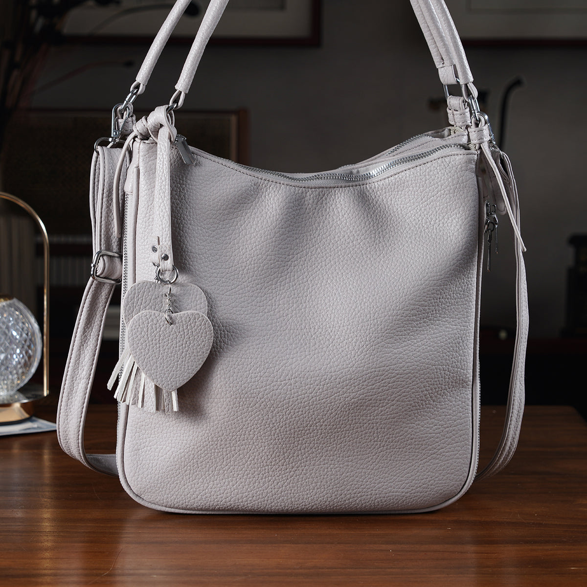 Leatherette Hobo Bag with Heart Charm &amp; Crossbody Strap (125 cm) - Off-White V32514993 2