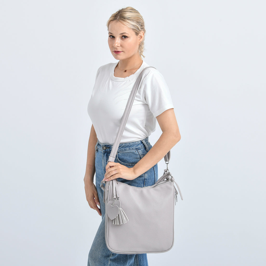 Leatherette Hobo Bag with Heart Charm & Crossbody Strap (125 cm) - Off-White_8202839_2
