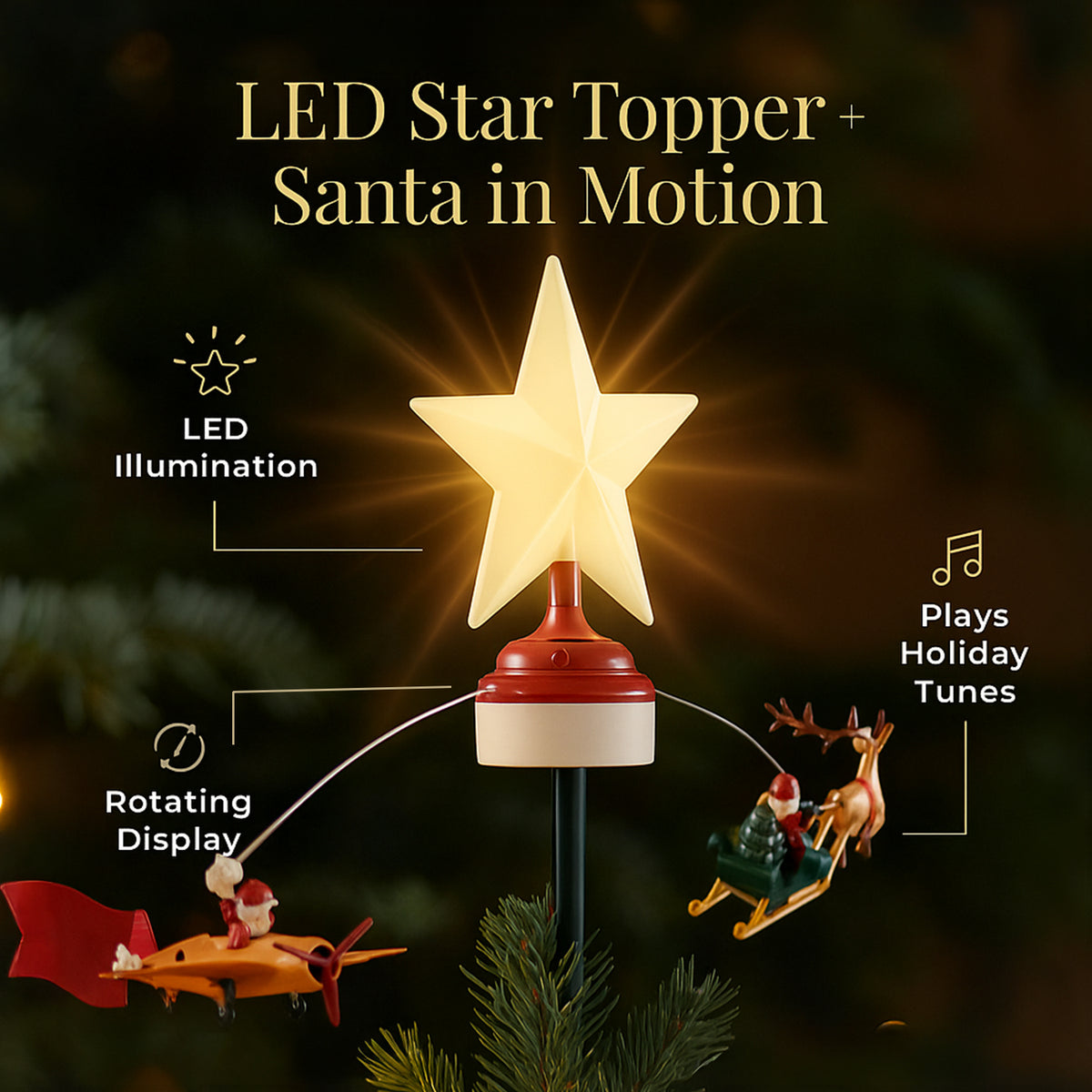 Rotating Santa Claus in Sleigh or Plane Figures Christmas Tree Topper with Musical LED Light-Up, Type-C Powered V32539126 3