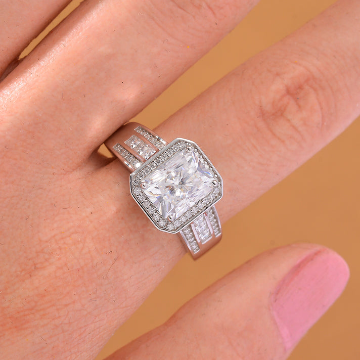 D'joy RADIANTA GRA Certified 3.49 Ct. Moissanite Halo Ring in Rhodium Overlay Sterling Silver (VVS1-D) 8204205 2