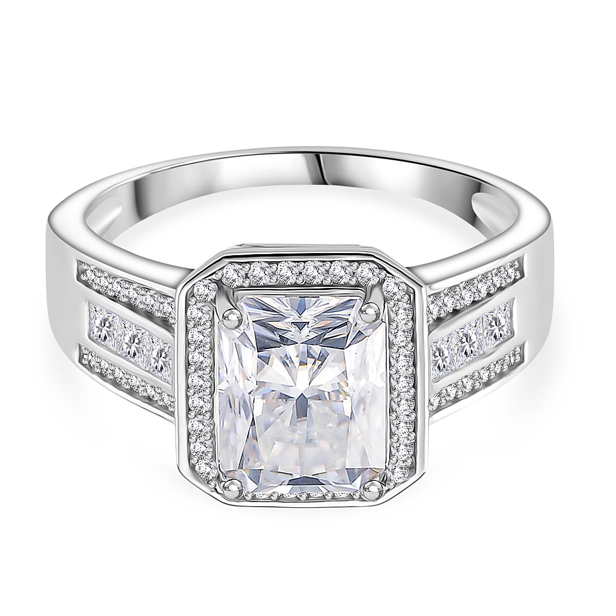 D'joy RADIANTA GRA Certified 3.49 Ct. Moissanite Halo Ring in Rhodium Overlay Sterling Silver (VVS1-D) V32530212 0