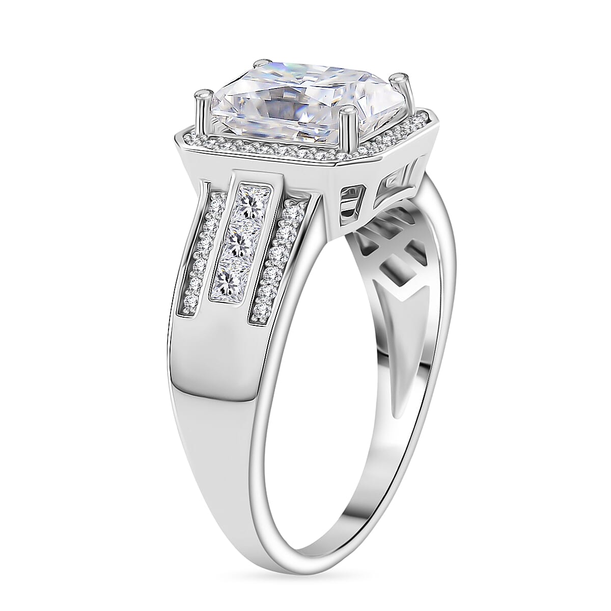 D'joy RADIANTA GRA Certified 3.49 Ct. Moissanite Halo Ring in Rhodium Overlay Sterling Silver (VVS1-D) V32530212 3