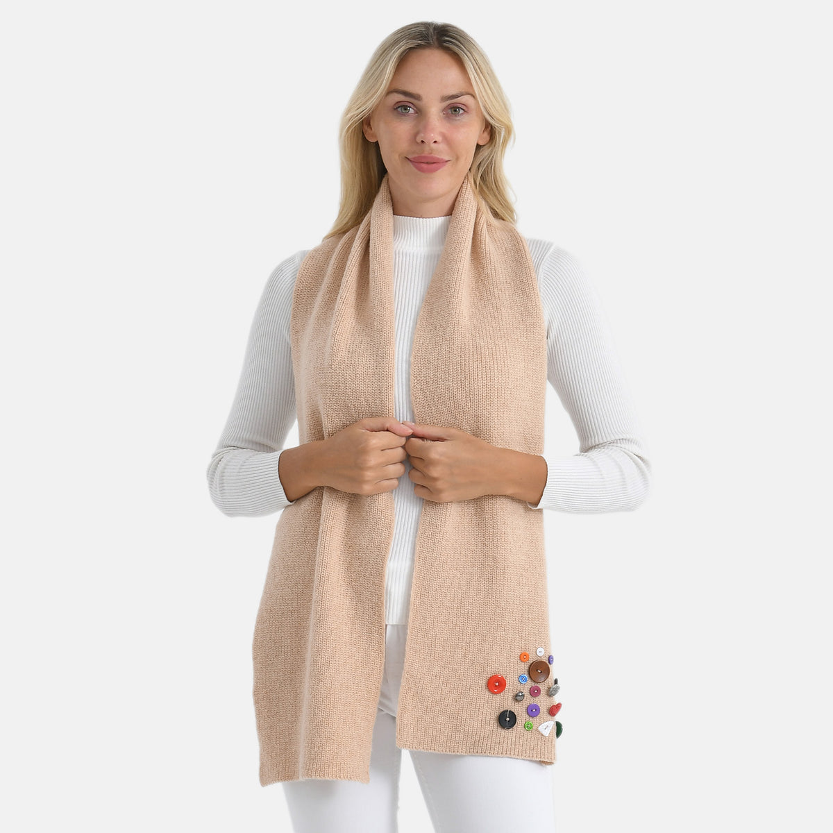 Designer Closeout Deal - Scarf with Colourful Button Accents - Cream V32563542 0