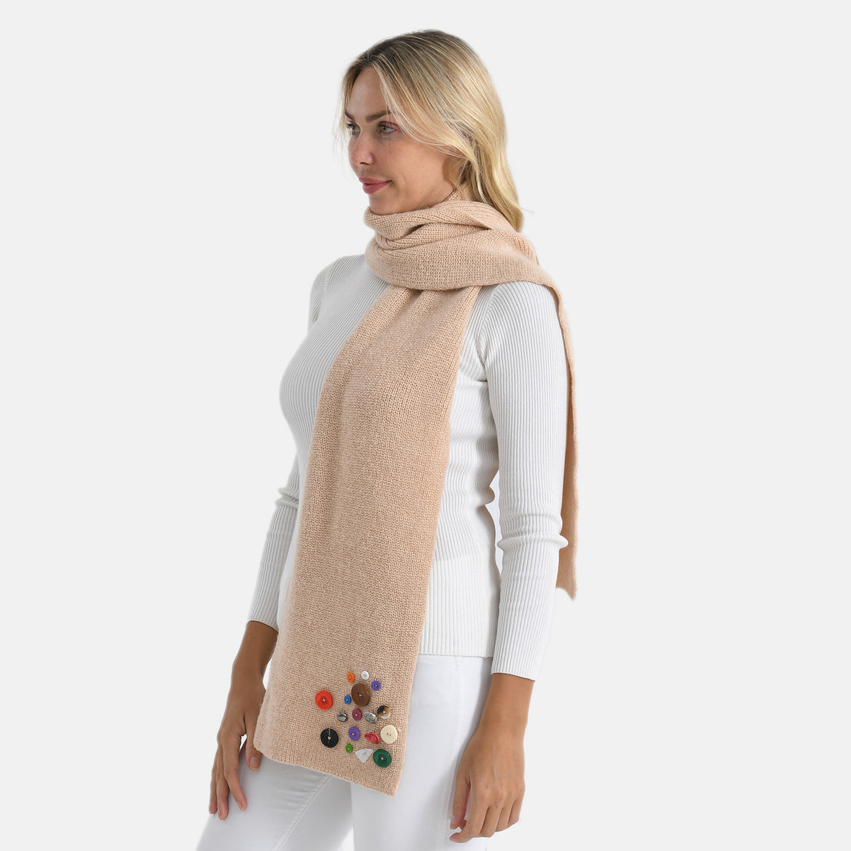 Designer Closeout Deal - Scarf with Colourful Button Accents - Cream V32563542 3