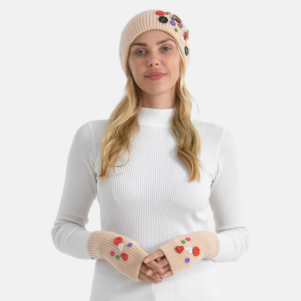 Designer Closeout Deal - Beanie Hat & Fingerless Glove Set with Colourful Button Accents - Beige_8205083