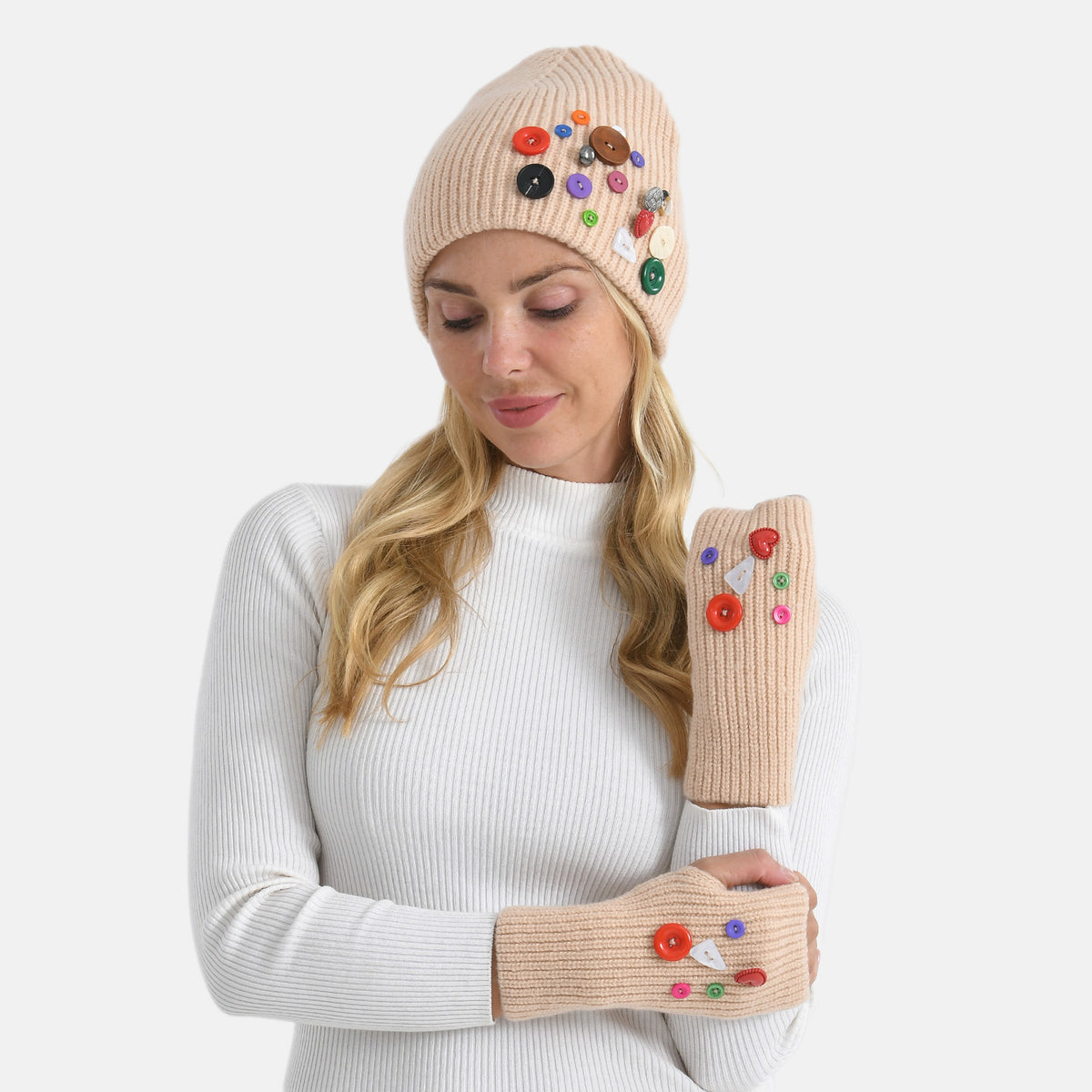 Designer Closeout Deal - Beanie Hat &amp; Fingerless Glove Set with Colourful Button Accents - Beige V32513043 2