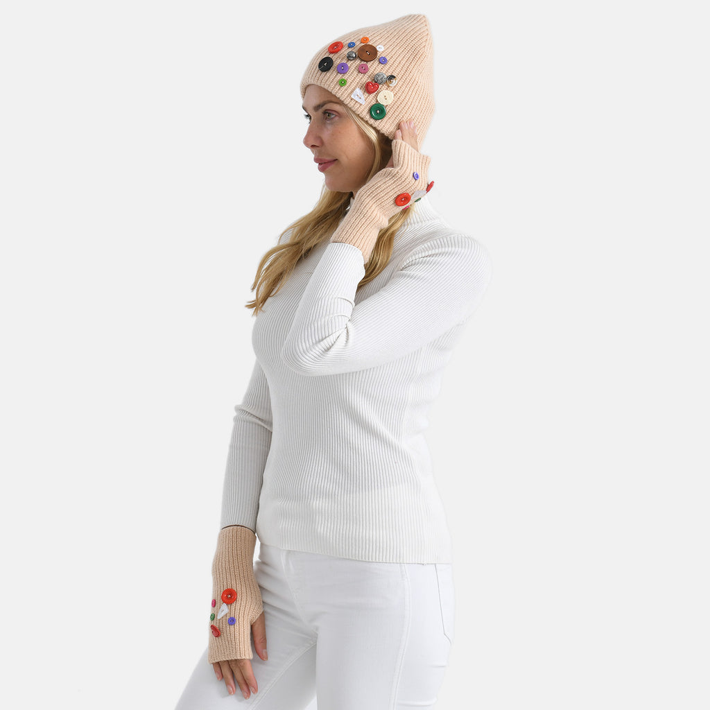 Designer Closeout Deal - Beanie Hat & Fingerless Glove Set with Colourful Button Accents - Beige_8205083_2
