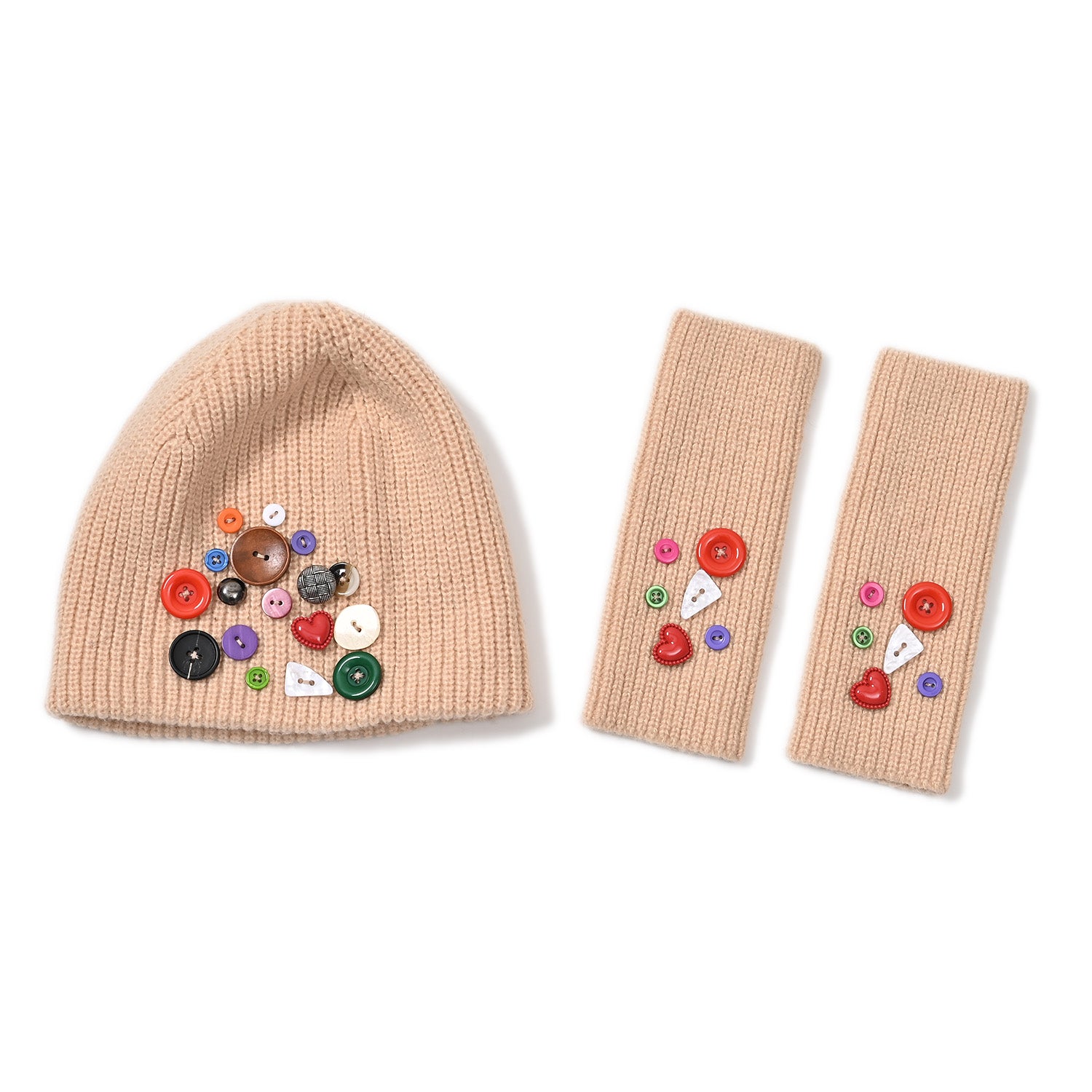 Designer Closeout Deal - Beanie Hat &amp; Fingerless Glove Set with Colourful Button Accents - Beige V32513043 5