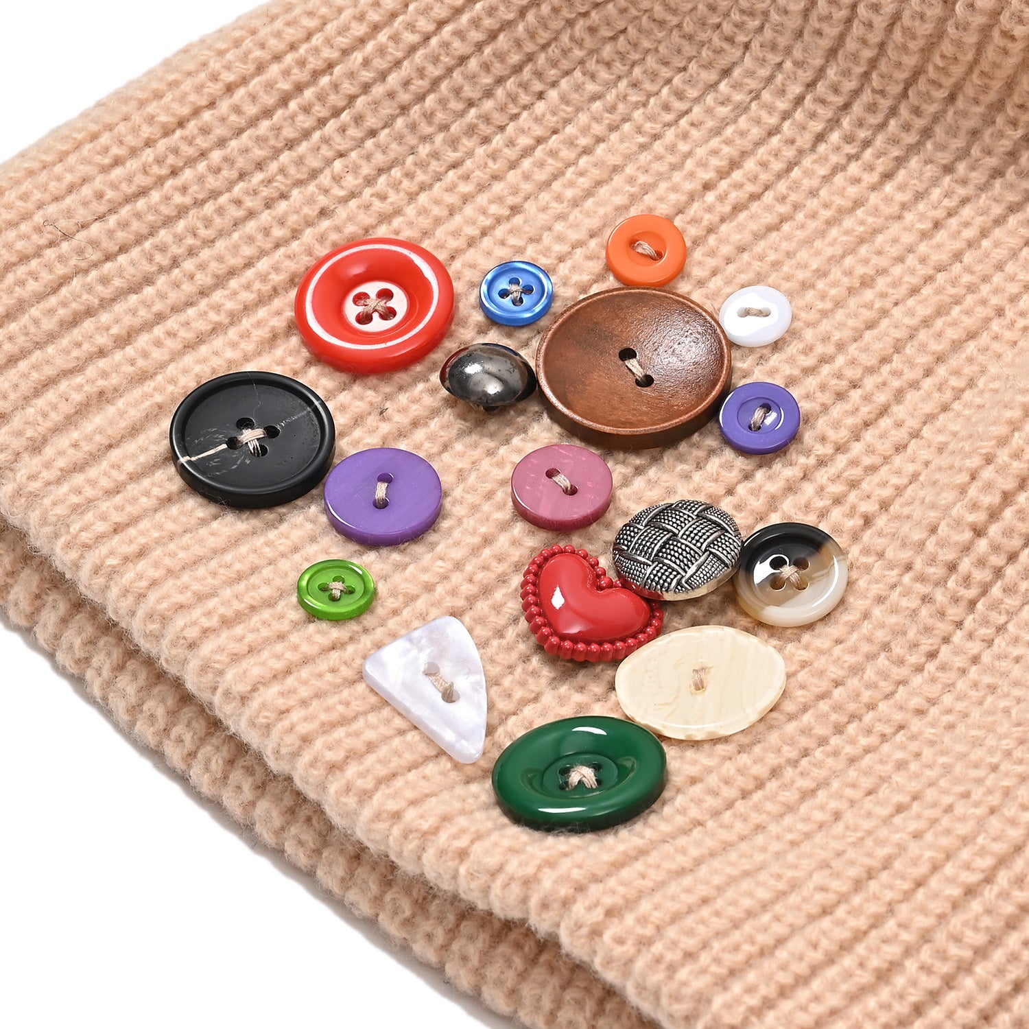 Designer Closeout Deal - Beanie Hat &amp; Fingerless Glove Set with Colourful Button Accents - Beige V32513043 7