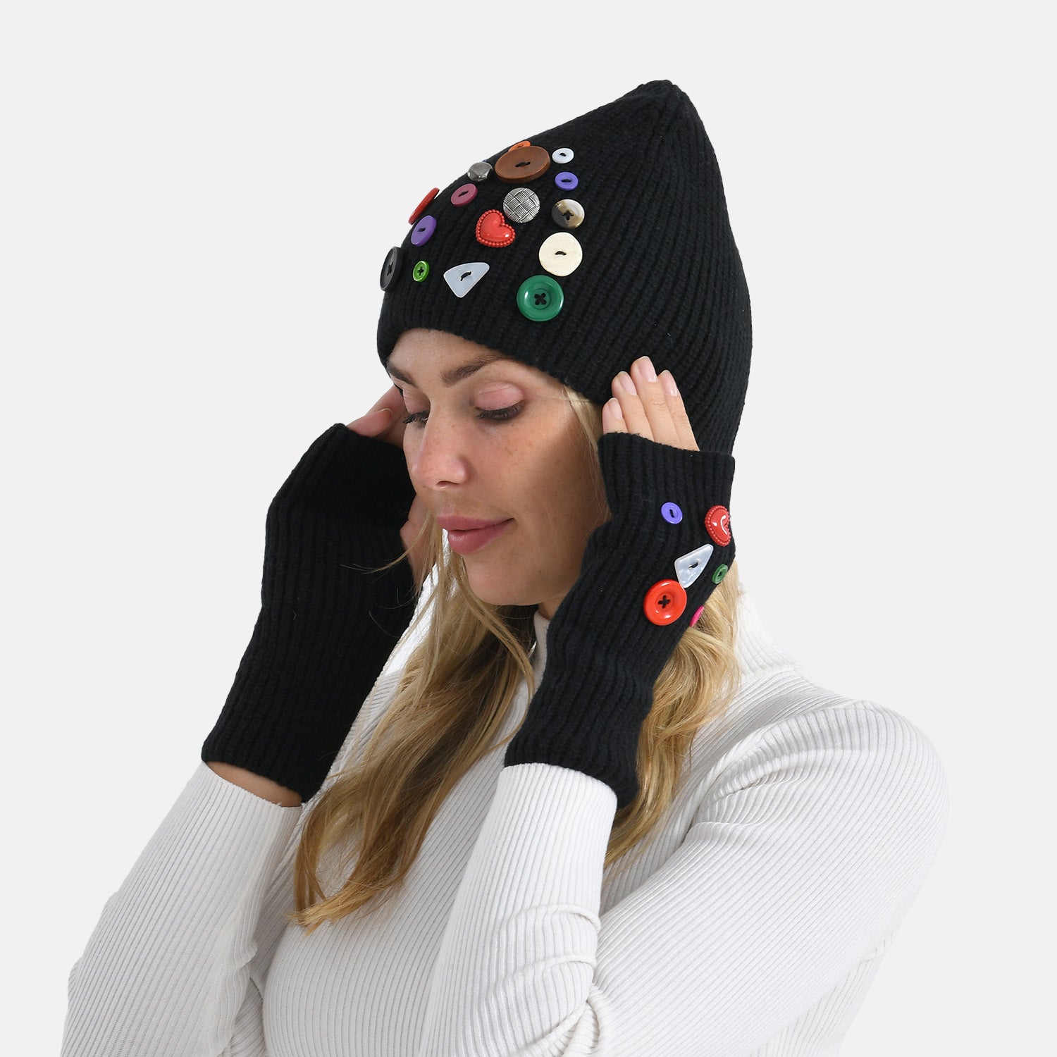 Designer Closeout Deal - Beanie Hat &amp; Fingerless Glove Set with Colourful Button Accents - Black V32513581 2