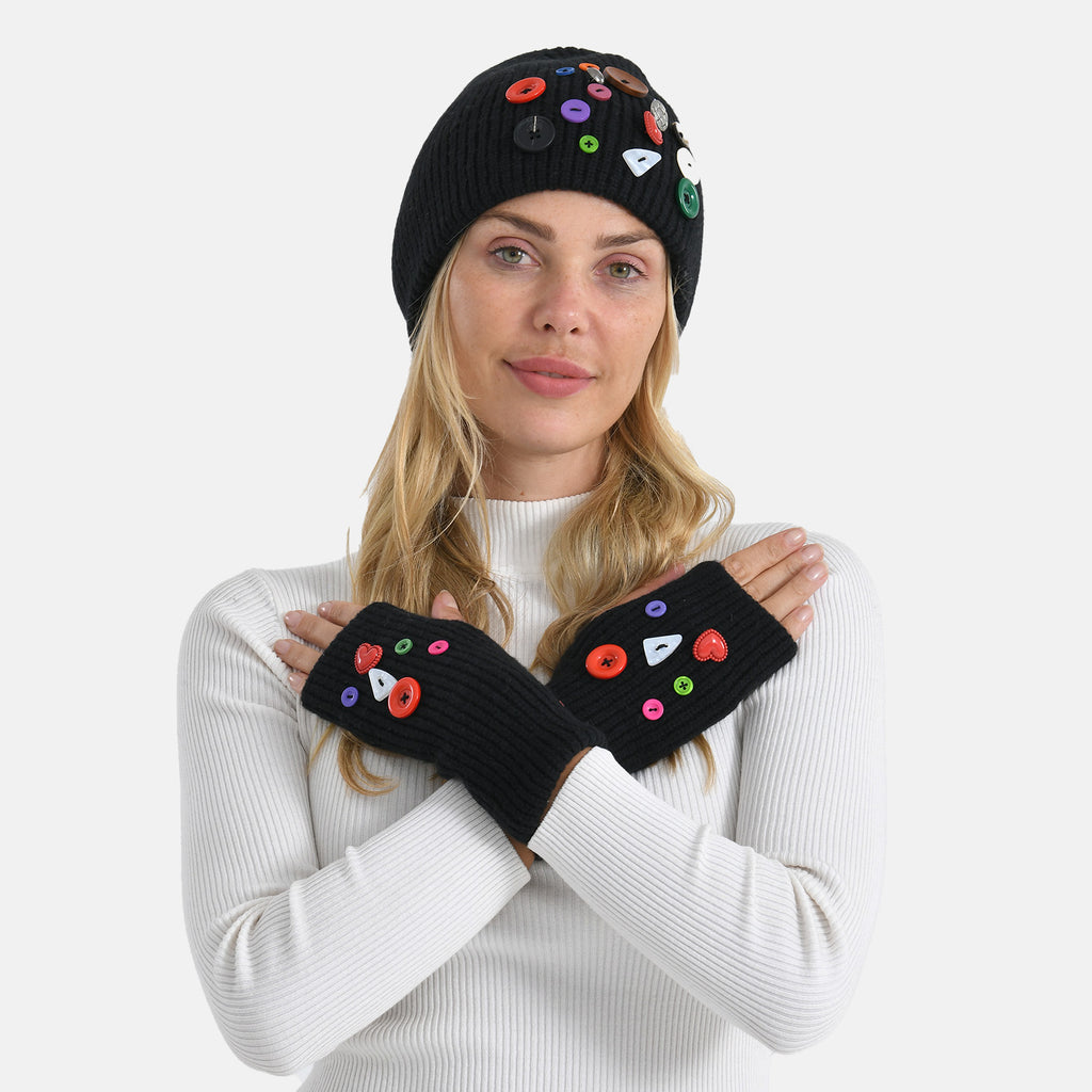 Designer Closeout Deal - Beanie Hat & Fingerless Glove Set with Colourful Button Accents - Black_8205084_2