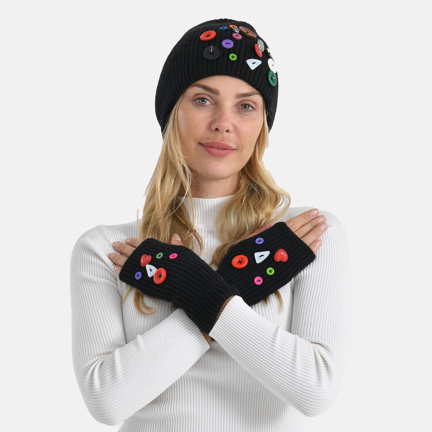 Designer Closeout Deal - Beanie Hat &amp; Fingerless Glove Set with Colourful Button Accents - Black V32513581 3