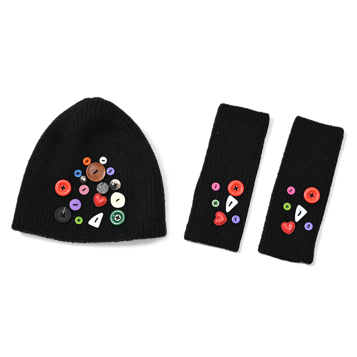 Designer Closeout Deal - Beanie Hat &amp; Fingerless Glove Set with Colourful Button Accents - Black V32513581 5