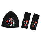 Designer Closeout Deal - Beanie Hat & Fingerless Glove Set with Colourful Button Accents - Black_8205084_4