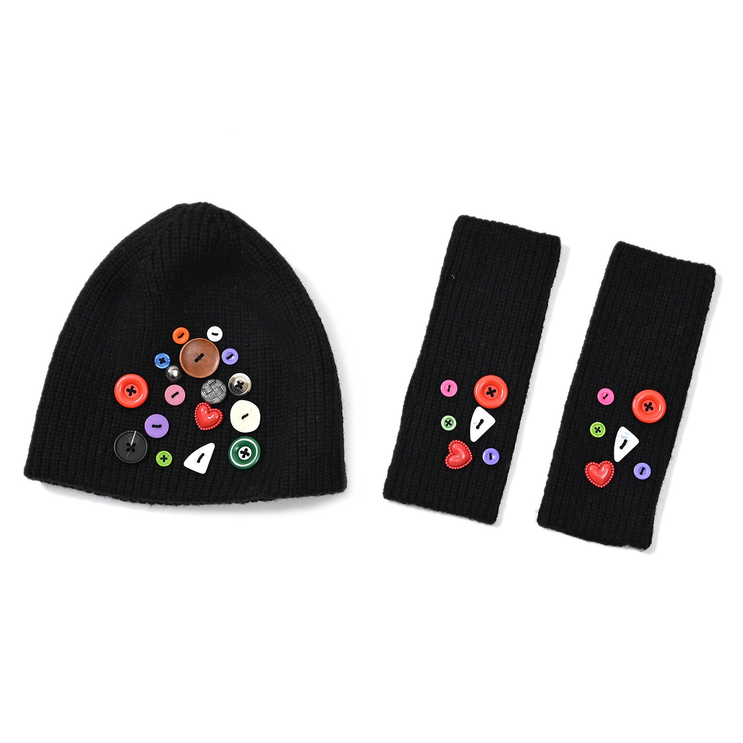 Designer Closeout Deal - Beanie Hat &amp; Fingerless Glove Set with Colourful Button Accents - Black V32513581 5