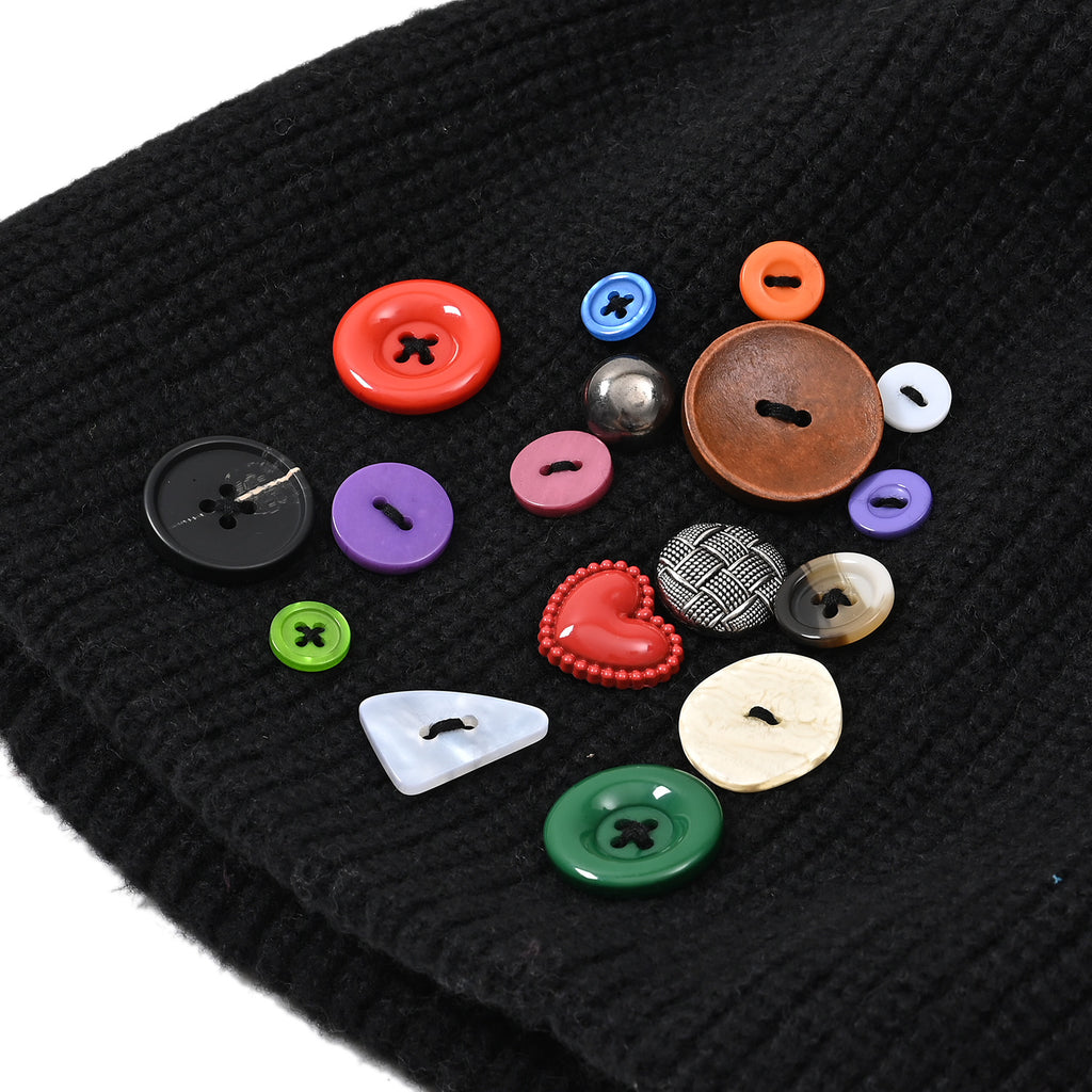 Designer Closeout Deal - Beanie Hat & Fingerless Glove Set with Colourful Button Accents - Black_8205084_6