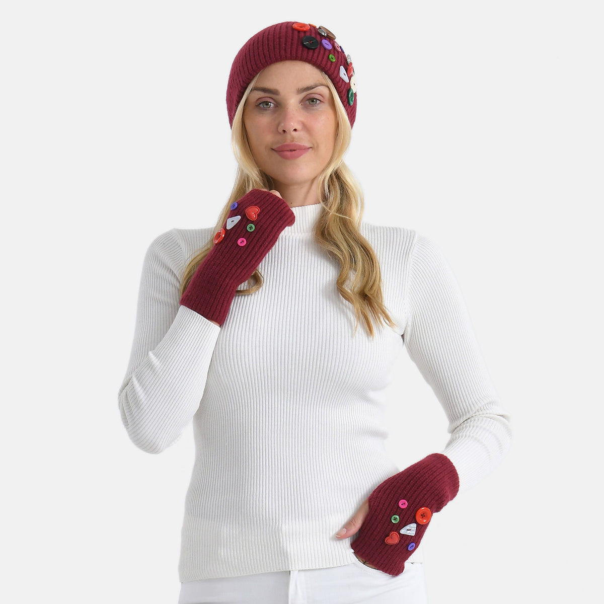 Designer Closeout Deal - Beanie Hat &amp; Fingerless Glove Set with Colourful Button Accents - Burgundy V32526921 0