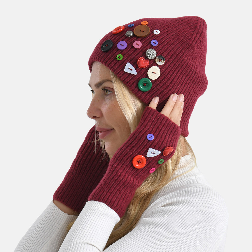 Designer Closeout Deal - Beanie Hat & Fingerless Glove Set with Colourful Button Accents - Burgundy_8205085_1