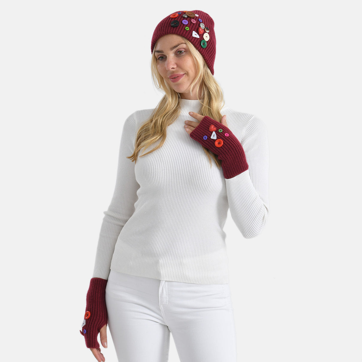 Designer Closeout Deal - Beanie Hat &amp; Fingerless Glove Set with Colourful Button Accents - Burgundy V32526921 2