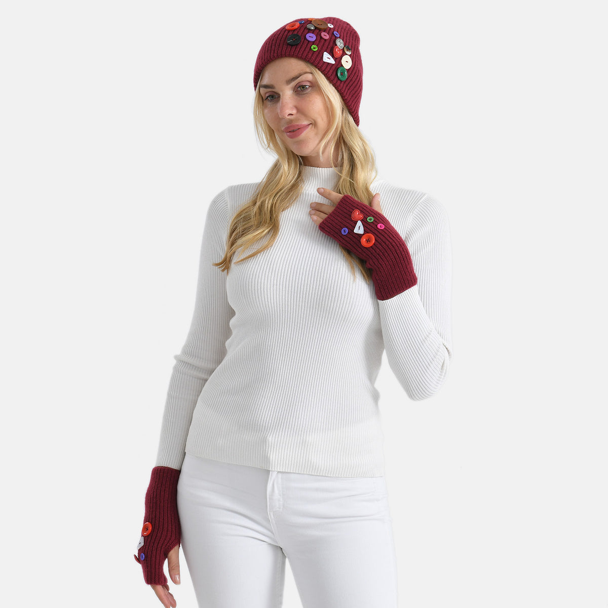 Designer Closeout Deal - Beanie Hat &amp; Fingerless Glove Set with Colourful Button Accents - Burgundy V32526921 2
