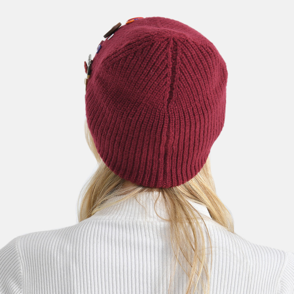 Designer Closeout Deal - Beanie Hat & Fingerless Glove Set with Colourful Button Accents - Burgundy_8205085_3