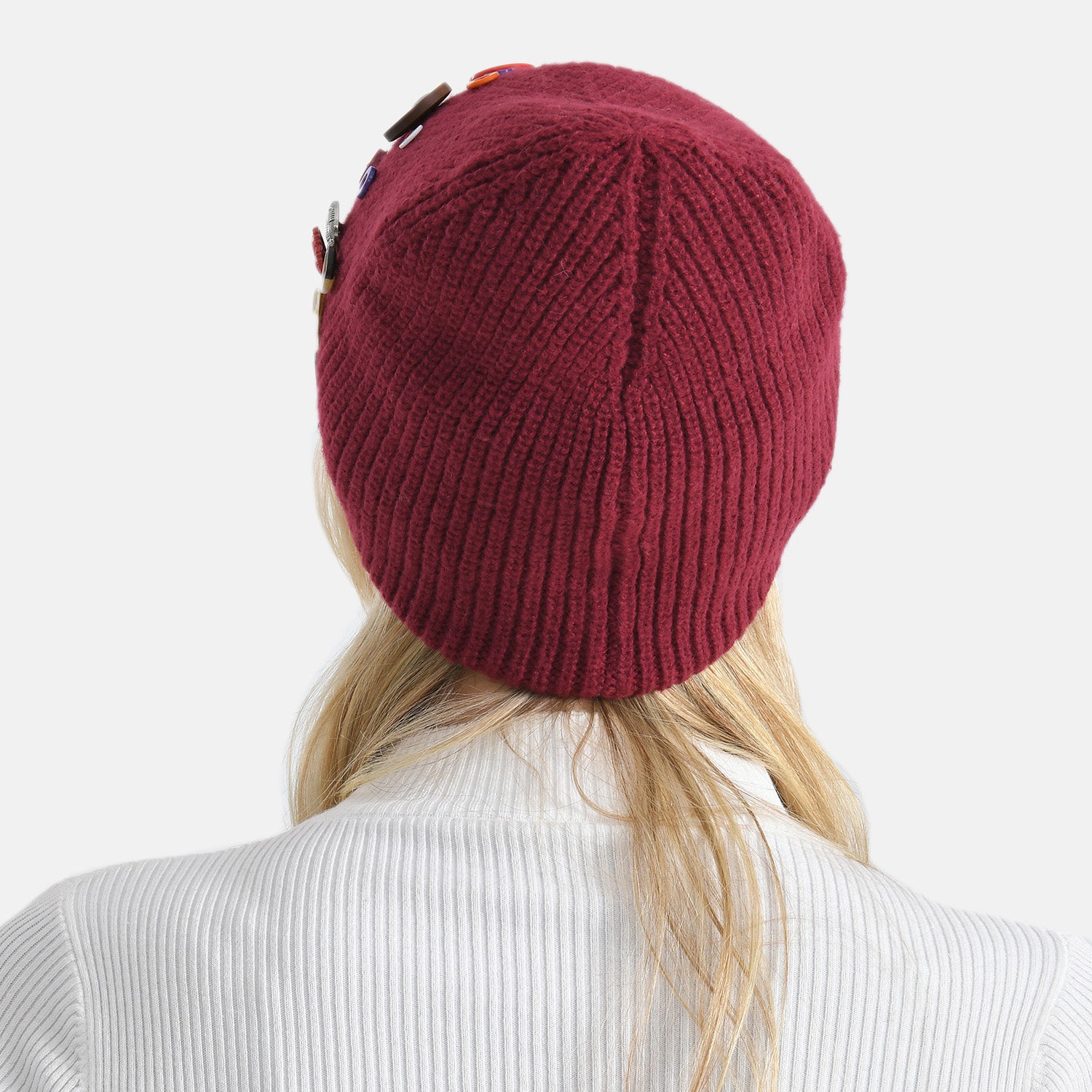 Designer Closeout Deal - Beanie Hat &amp; Fingerless Glove Set with Colourful Button Accents - Burgundy V32526921 3