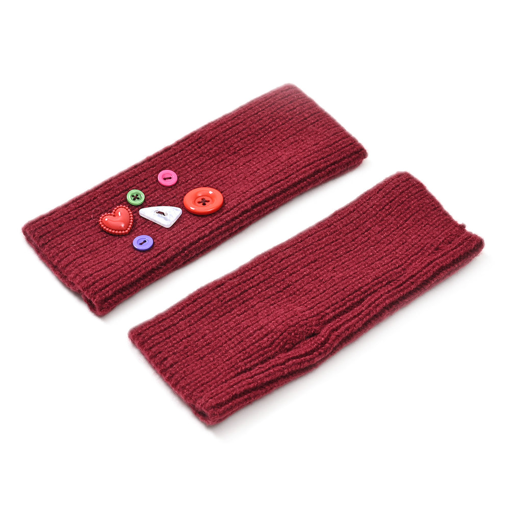 Designer Closeout Deal - Beanie Hat & Fingerless Glove Set with Colourful Button Accents - Burgundy_8205085_5