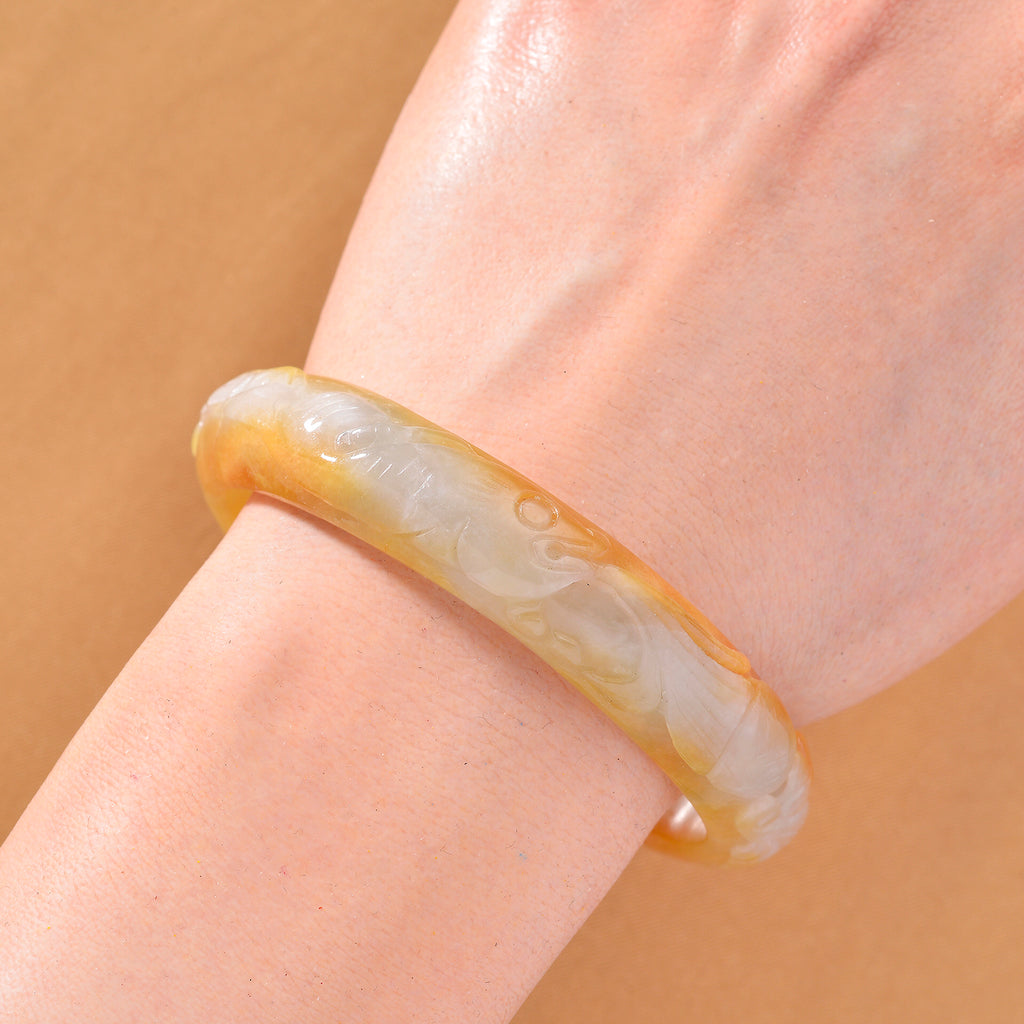 Extremely Rare - Bi Colour White & Honey Jadeite Hand Carved Bangle (Size 7.5) 220.00 Ct._8206891_1