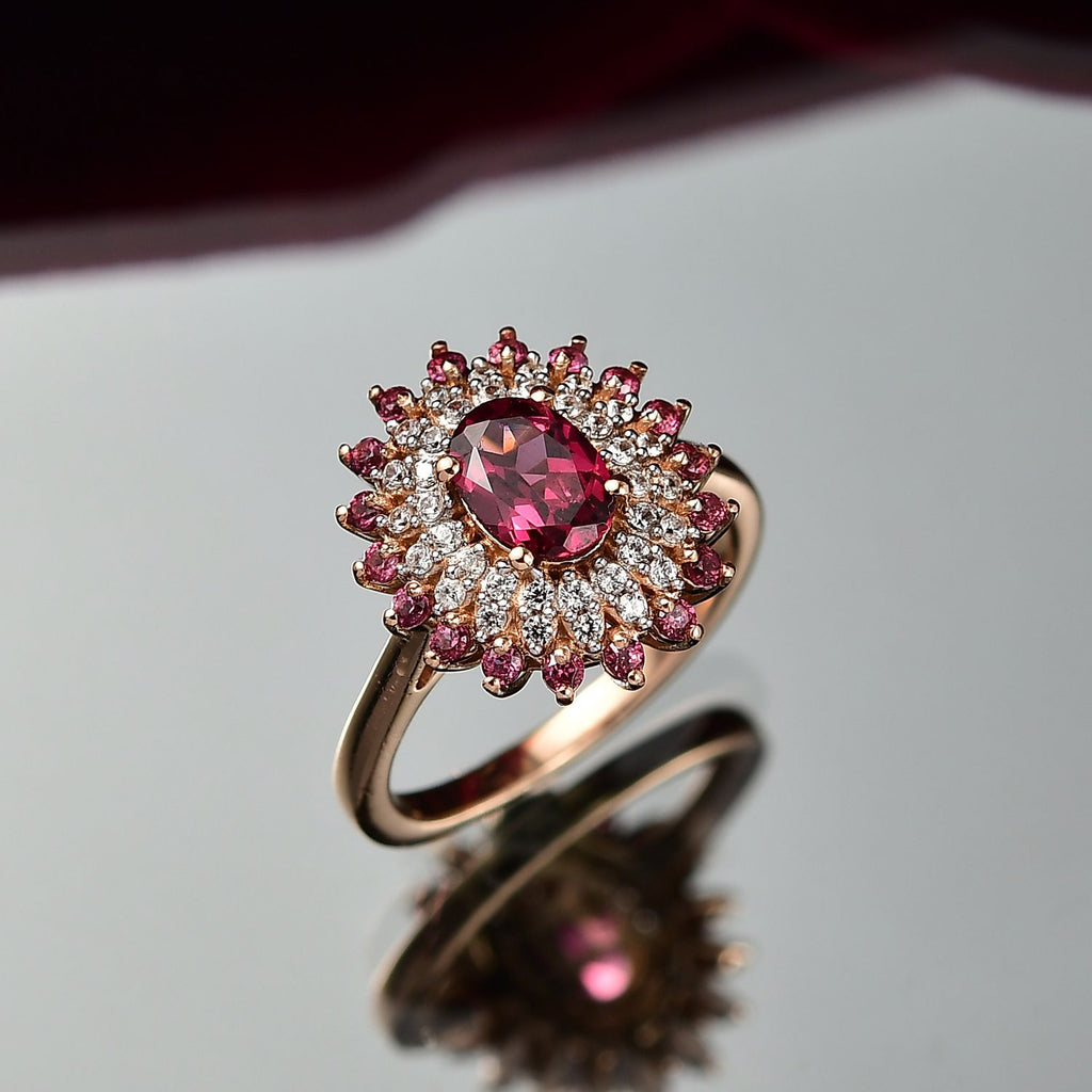 Royal Bali Collection - D'Joy Orissa Rhodolite Garnet & White Zircon Floral Cluster Ring in 18K Vermeil Rose Gold Plated Sterling Silver 1.84 Ct._8211516_1