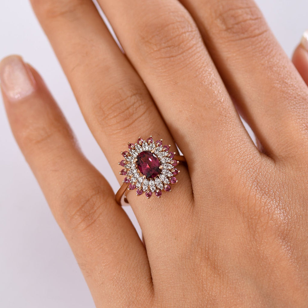 Royal Bali Collection - D'Joy Orissa Rhodolite Garnet & White Zircon Floral Cluster Ring in 18K Vermeil Rose Gold Plated Sterling Silver 1.84 Ct._8211516_2