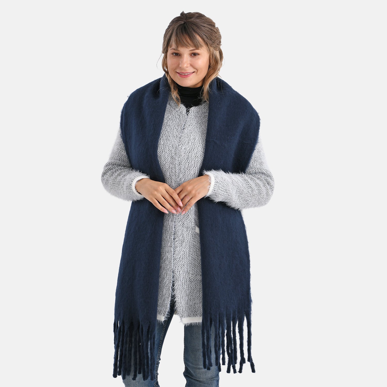 Soft Touch Large Tassle Scarf (190 x 40 cm) - Navy V32492214 2
