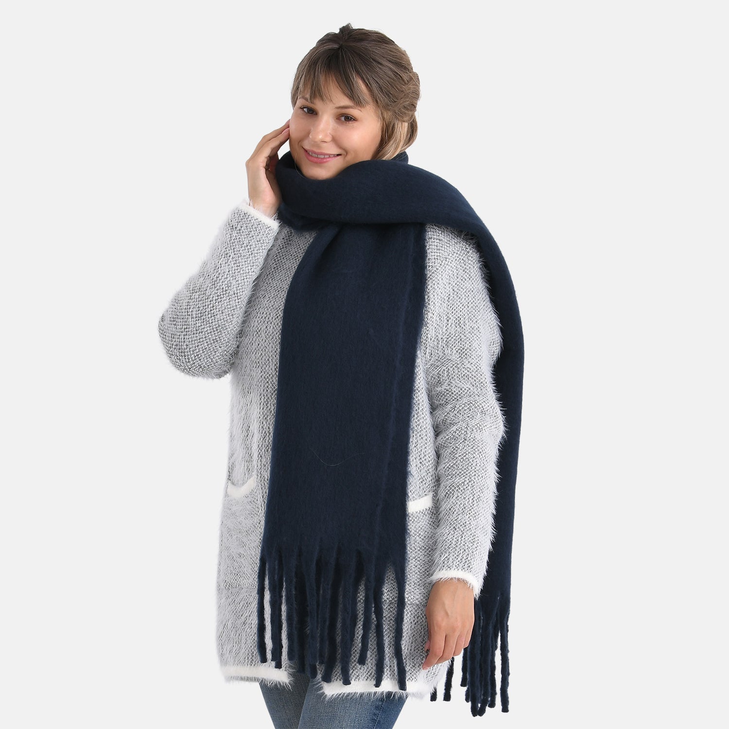 Soft Touch Large Tassle Scarf (190 x 40 cm) - Navy V32492214 4