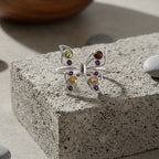 LucyQ Butterfly Collection - Red Garnet, African Amethyst & Multi Gemstones Cluster Butterfly Ring in Rhodium Overlay Sterling Silver_8213478_1