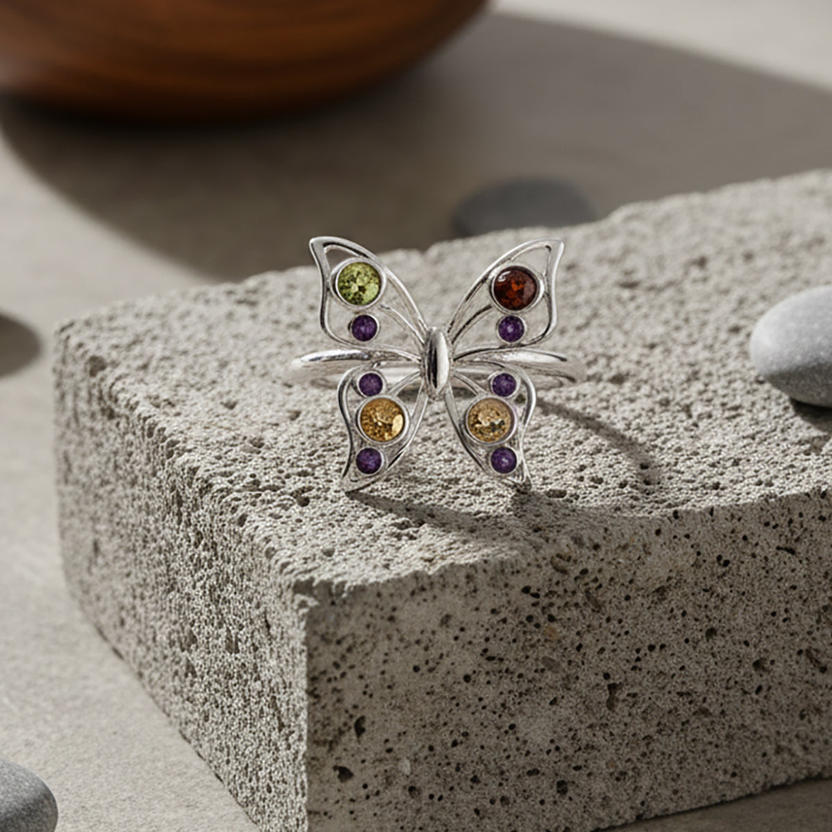 LucyQ Butterfly Collection - Red Garnet, African Amethyst &amp; Multi Gemstones Cluster Butterfly Ring in Rhodium Overlay Sterling Silver 8213478 2