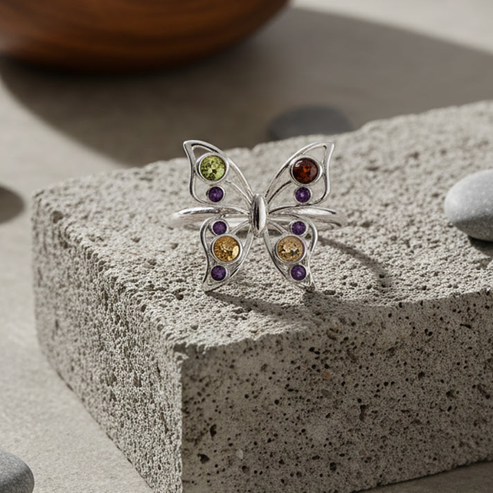 LucyQ Butterfly Collection - Red Garnet, African Amethyst &amp; Multi Gemstones Cluster Butterfly Ring in Rhodium Overlay Sterling Silver 8213478 2