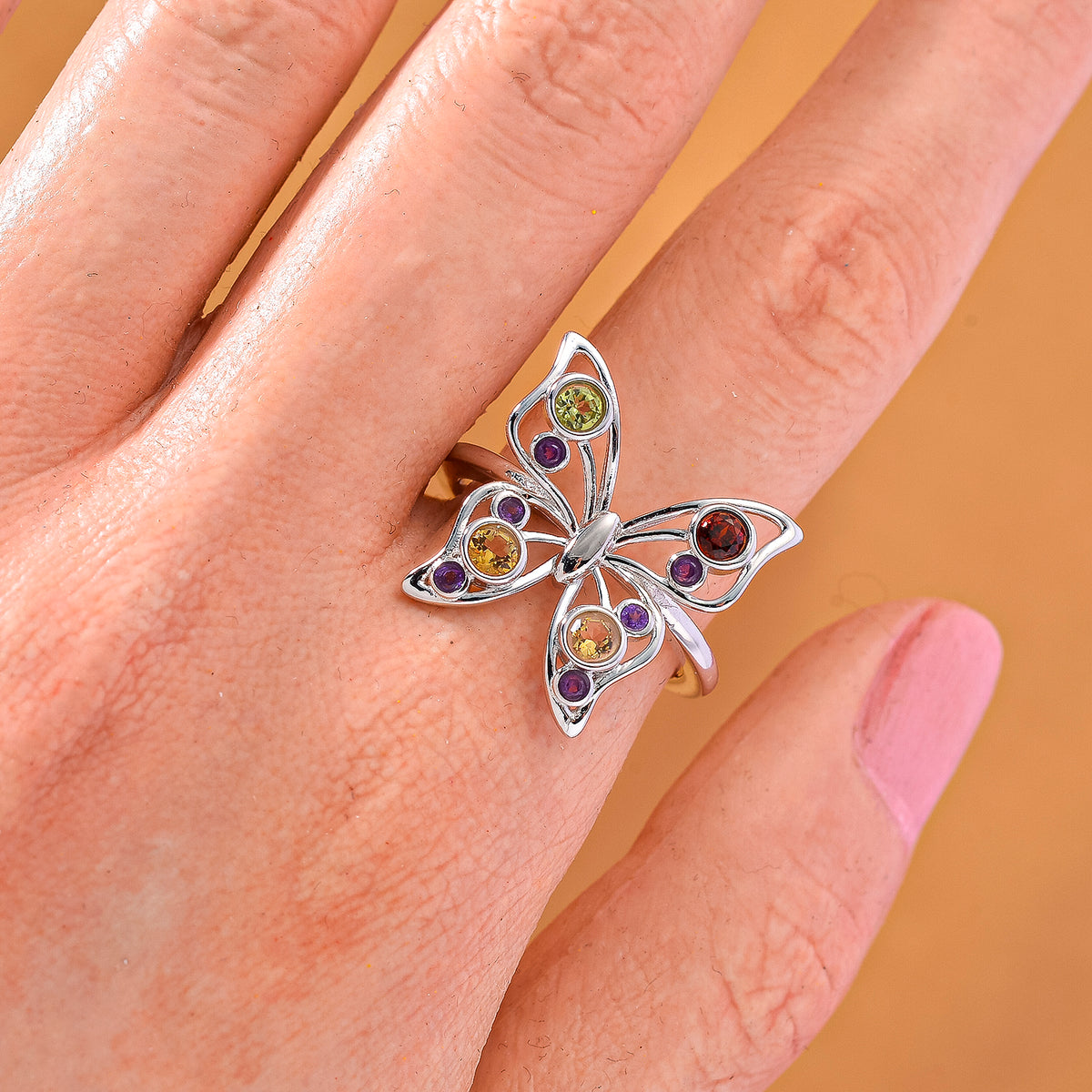 LucyQ Butterfly Collection - Red Garnet, African Amethyst &amp; Multi Gemstones Cluster Butterfly Ring in Rhodium Overlay Sterling Silver 8213478 3