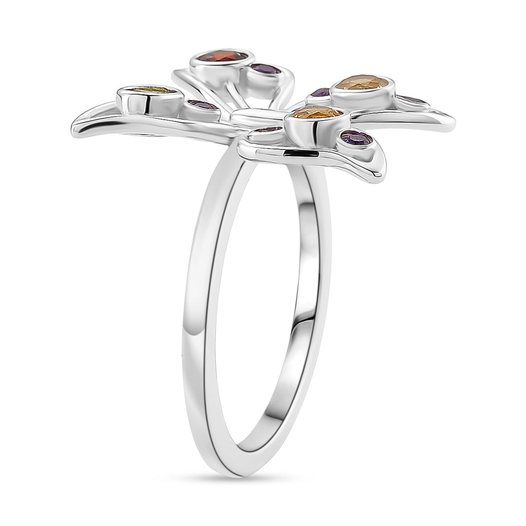 LucyQ Butterfly Collection - Red Garnet, African Amethyst & Multi Gemstones Cluster Butterfly Ring in Rhodium Overlay Sterling Silver_8213478_3