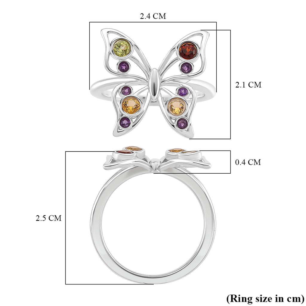 LucyQ Butterfly Collection - Red Garnet, African Amethyst & Multi Gemstones Cluster Butterfly Ring in Rhodium Overlay Sterling Silver_8213478_5