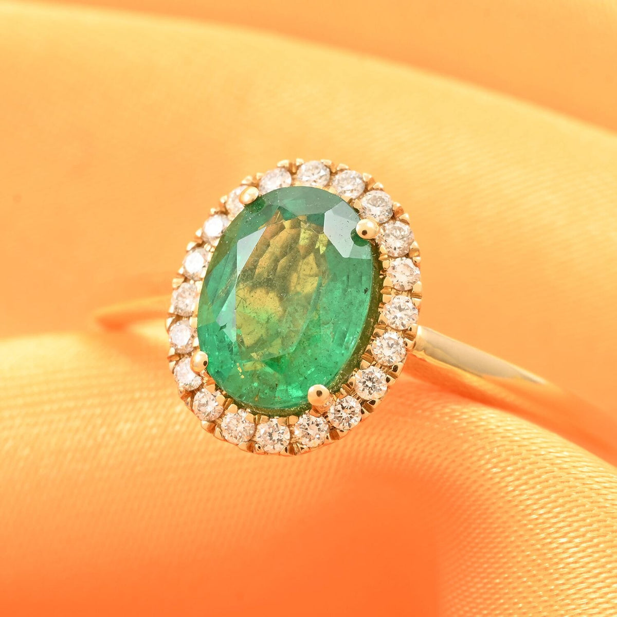 LUXORO 1.4 Ct. AAA Zambian Emerald, White Diamond I2 Halo Ring in 14K Yellow Gold 8215093 1