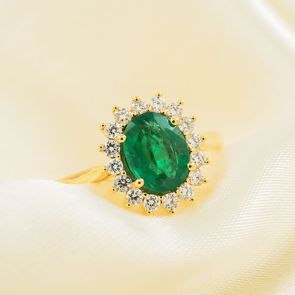 Luxoro 14K Yellow Gold AGI Certified AAA Zambian Emerald & White Diamond Halo Ring 2.18 Ct, Gold Wt. 3.90 Gms_8215119_1