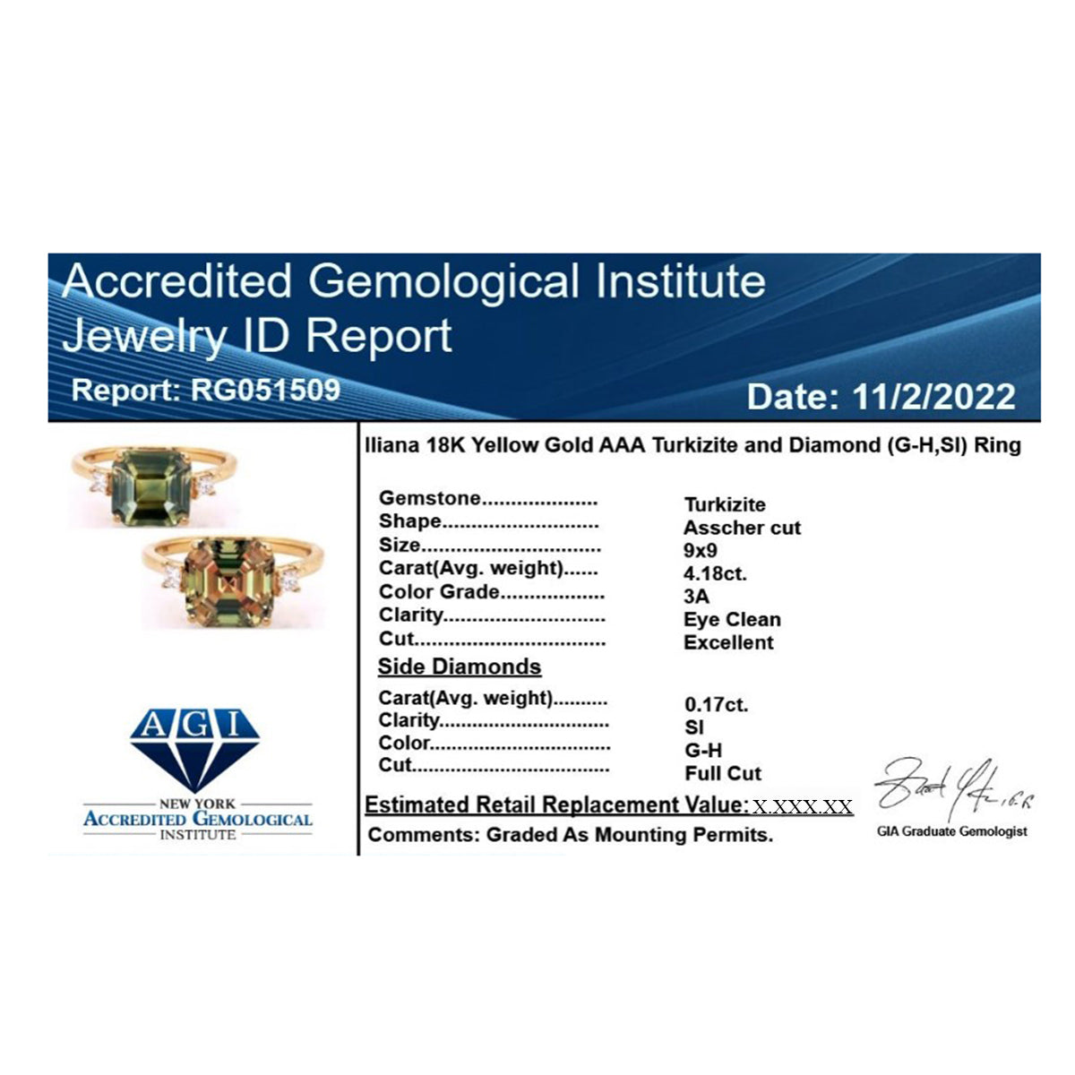 Certified &amp; Appraised LUXURO14K Yellow Gold AAA Turkizite, White Diamond Ring, 4.35 Ct. 8215178 3