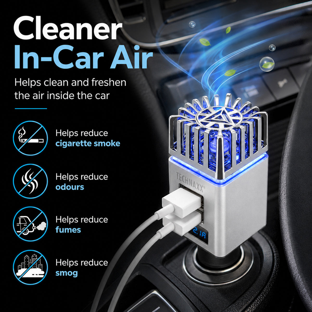 Technaxx Car Air Purifier for 12-24V Cigarette Lighter with 2x USB - Silver V32652040 1