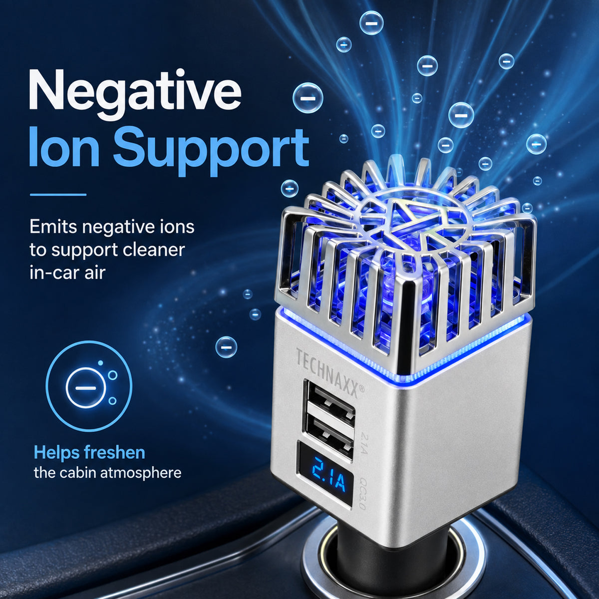 Technaxx Car Air Purifier for 12-24V Cigarette Lighter with 2x USB - Silver V32652040 2