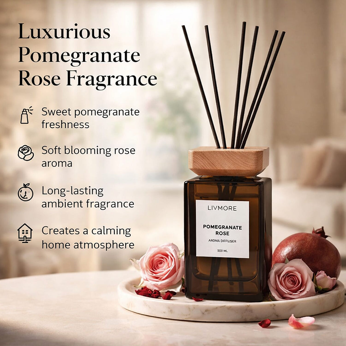 LIVMORE Aroma Diffuser With 8 Reed Sticks - Pomegranate Rose (500ml) 8216392 2