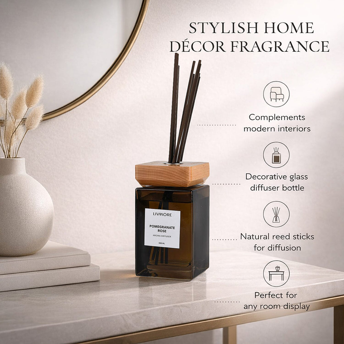 LIVMORE Aroma Diffuser With 8 Reed Sticks - Pomegranate Rose (500ml) 8216392 3