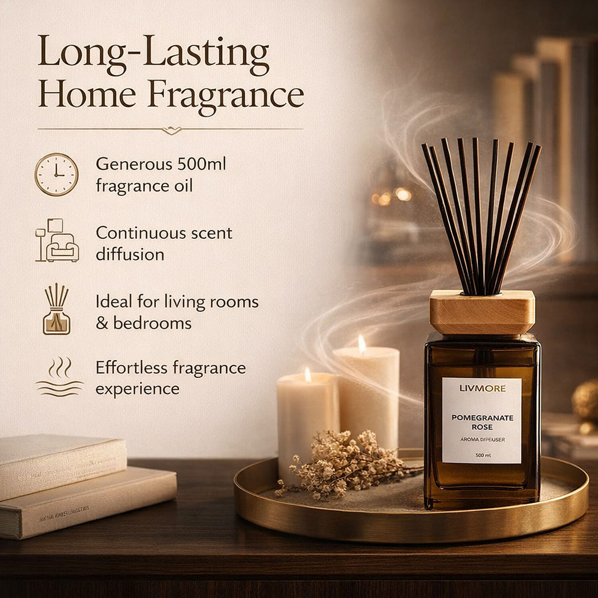 LIVMORE Aroma Diffuser With 8 Reed Sticks - Pomegranate Rose (500ml) 8216392 4