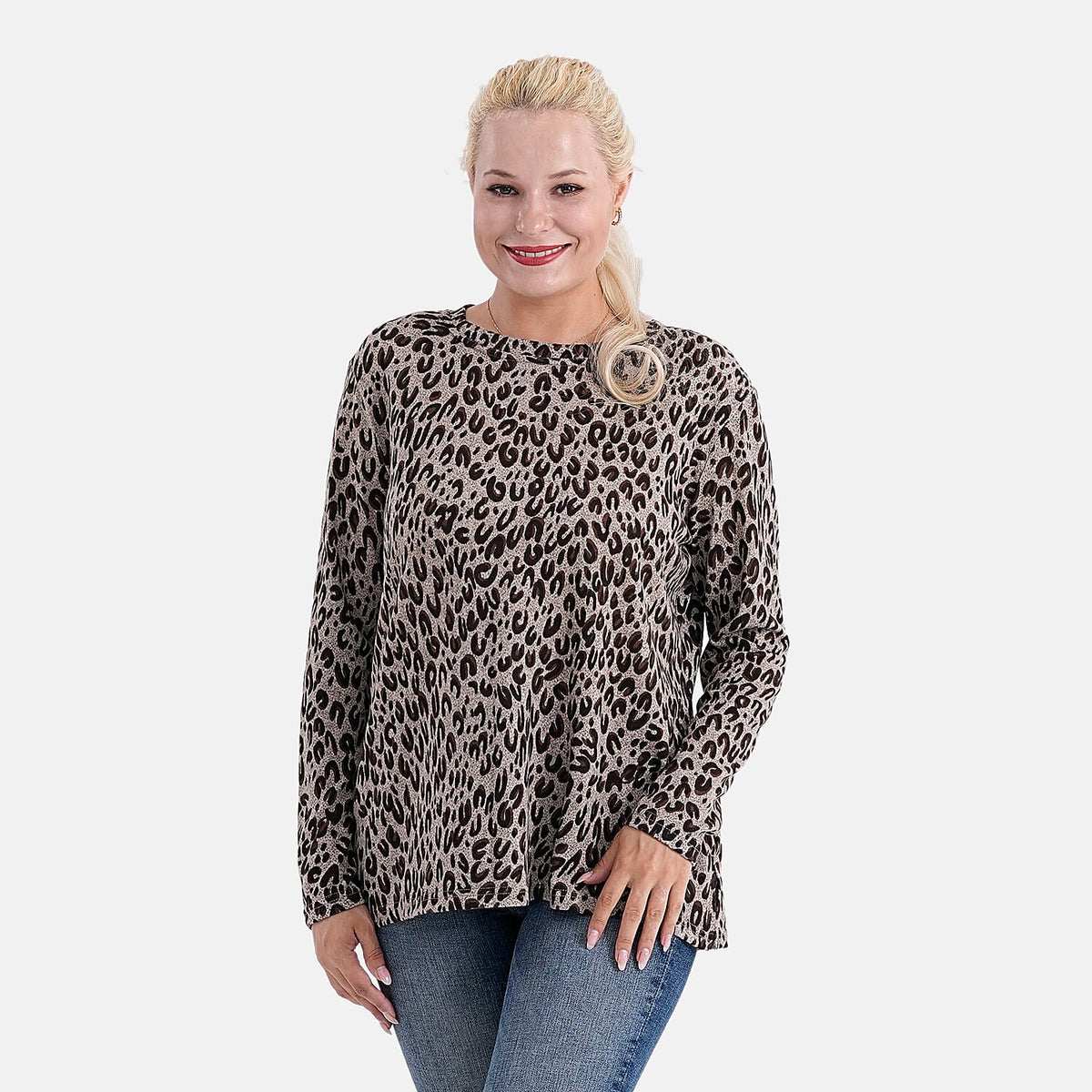 Tamsy Brushed Stretch Leopard Print Jersey Top (One Size) - Coffee V32531558 0