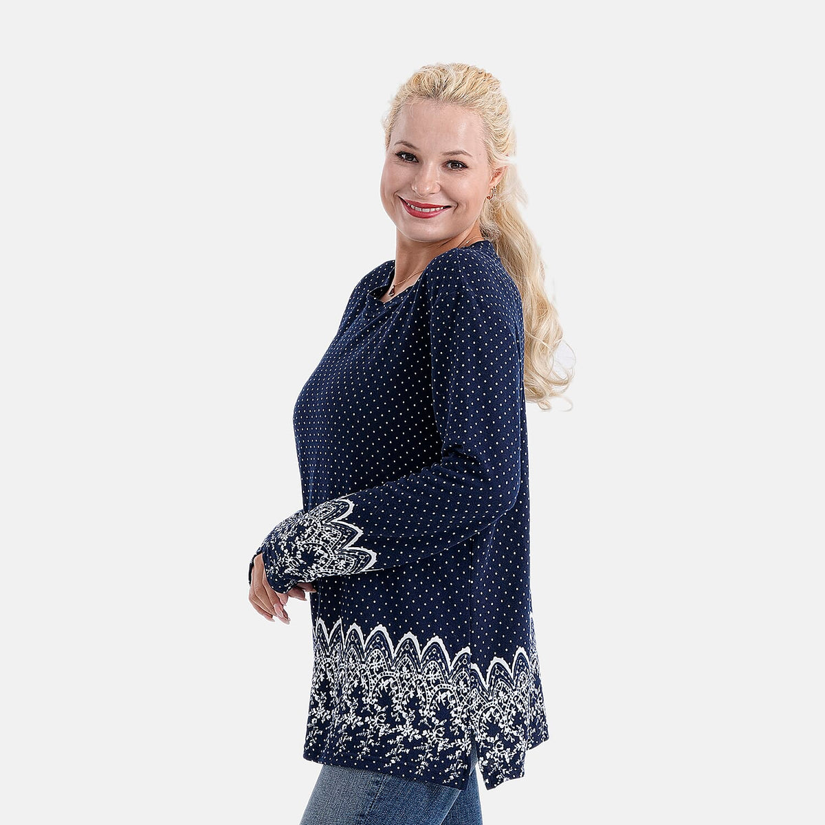 Tamsy Brushed Stretch Polka Dot Jersey Top (One Size) - Navy 8216648 3