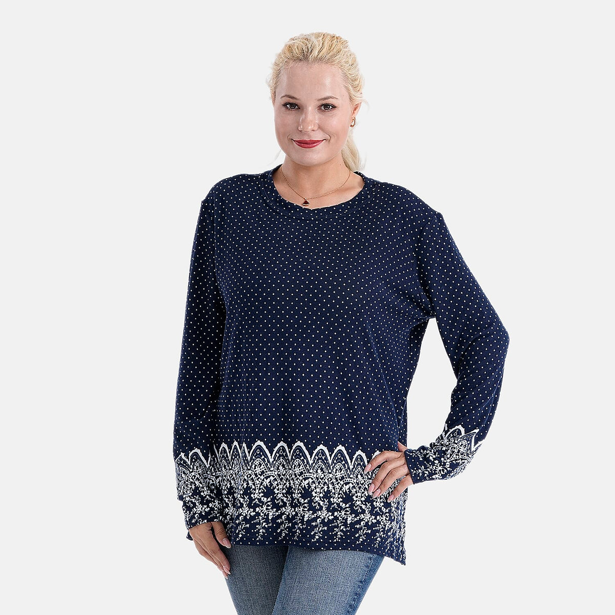 Tamsy Brushed Stretch Polka Dot Jersey Top (One Size) - Navy 8216648 4
